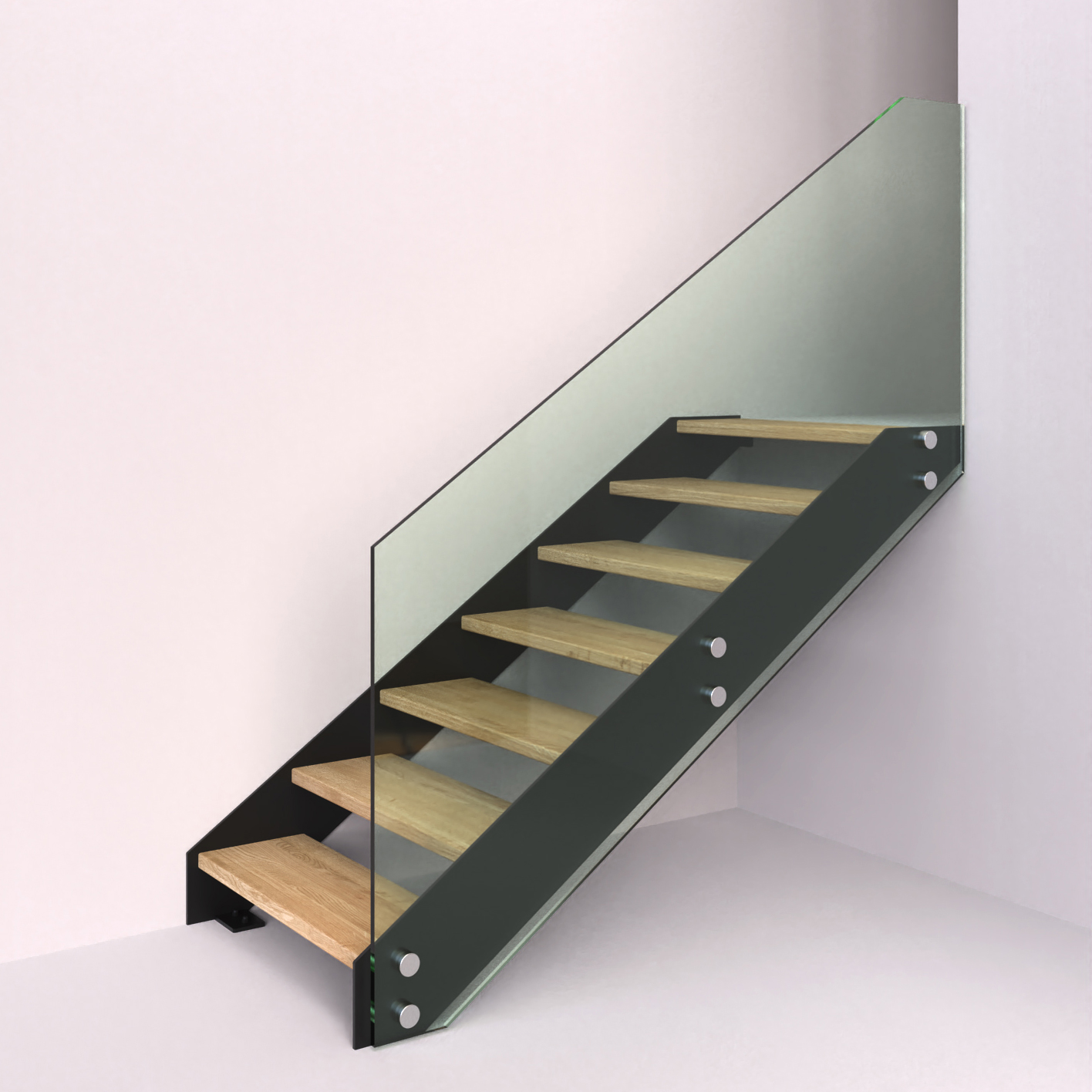 ocelové schodiště s celoskleněným zábradlím kotveným na terče