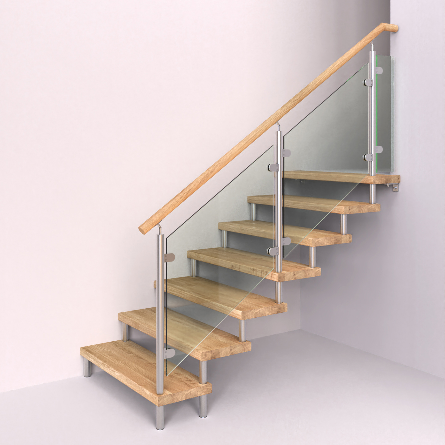 Vynášené schodiště s nerez kulatým zábradlím se skleněnou výplní