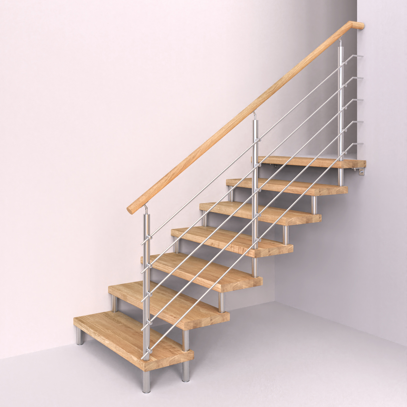 Vynášené schodiště s nerez kulatým zábradlím s vodorovnou výplní