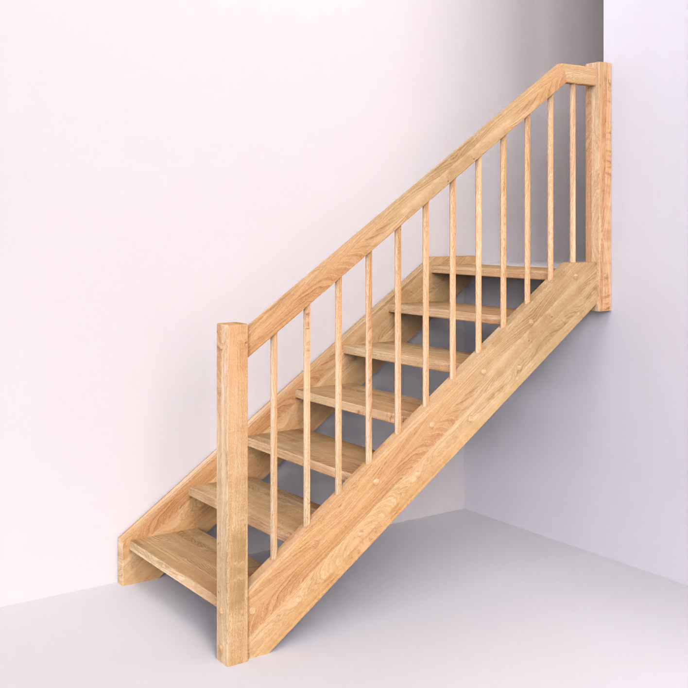 Dřevěné schody s dřevěným zábradlím s kulatou vertikální výplní