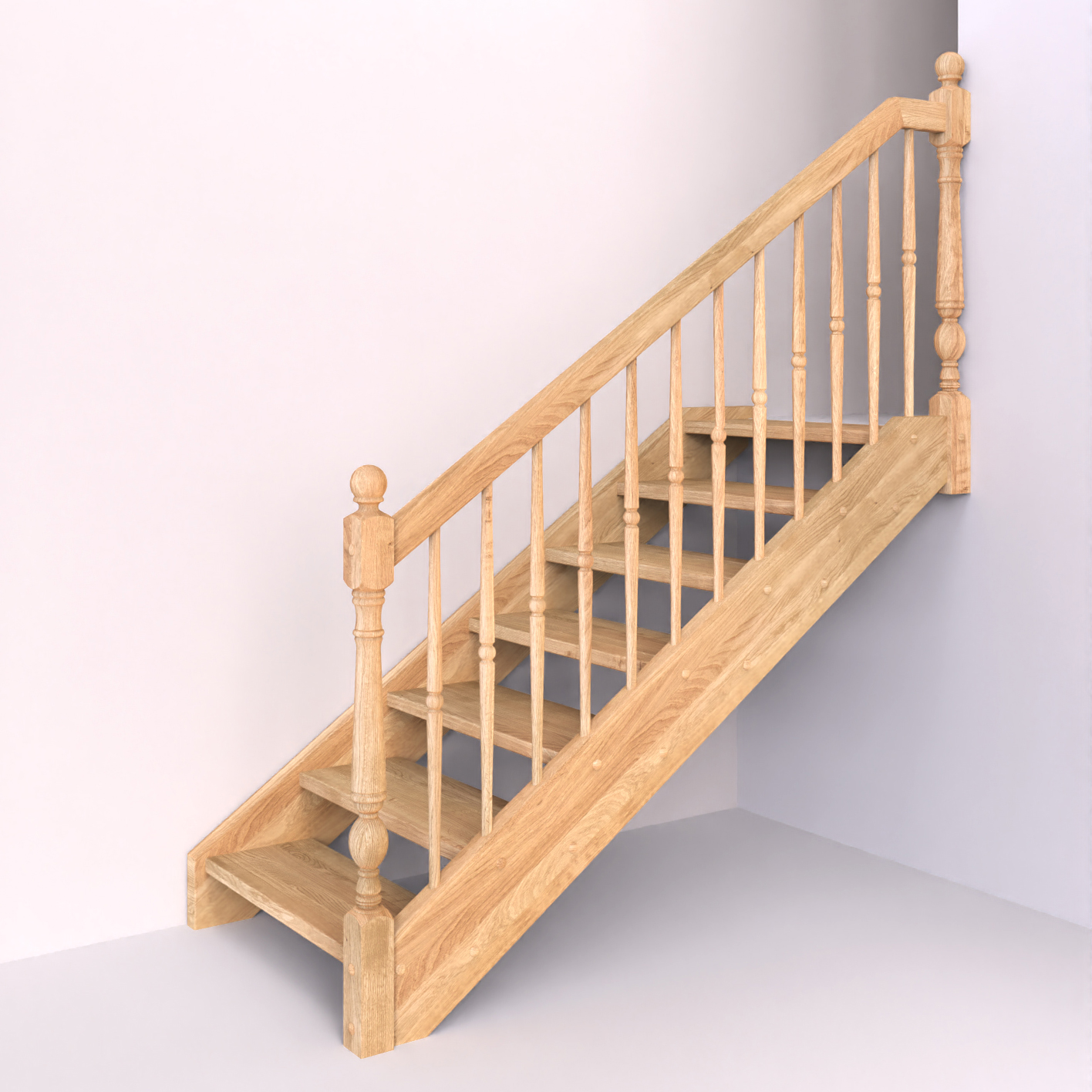 Dřevěné schody s dřevěným zábradlím se soustruženou vertikální výplní