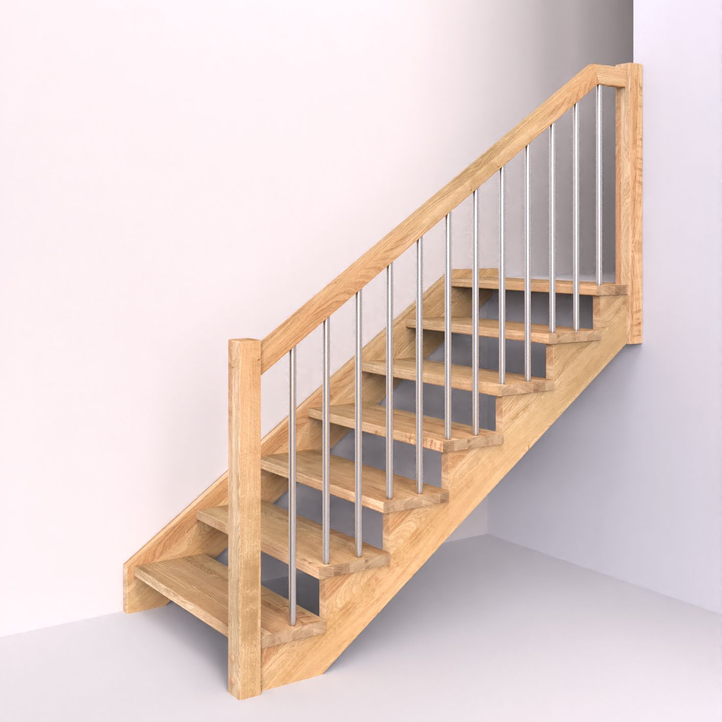 Dřevěné schody s dřevěným zábradlím se svislou nerezovou výplní