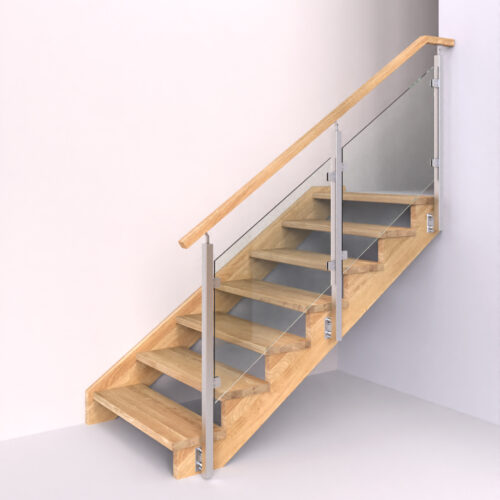 dřevěné schody s nerezovým hranatým zábradlím se skleněnou výplní