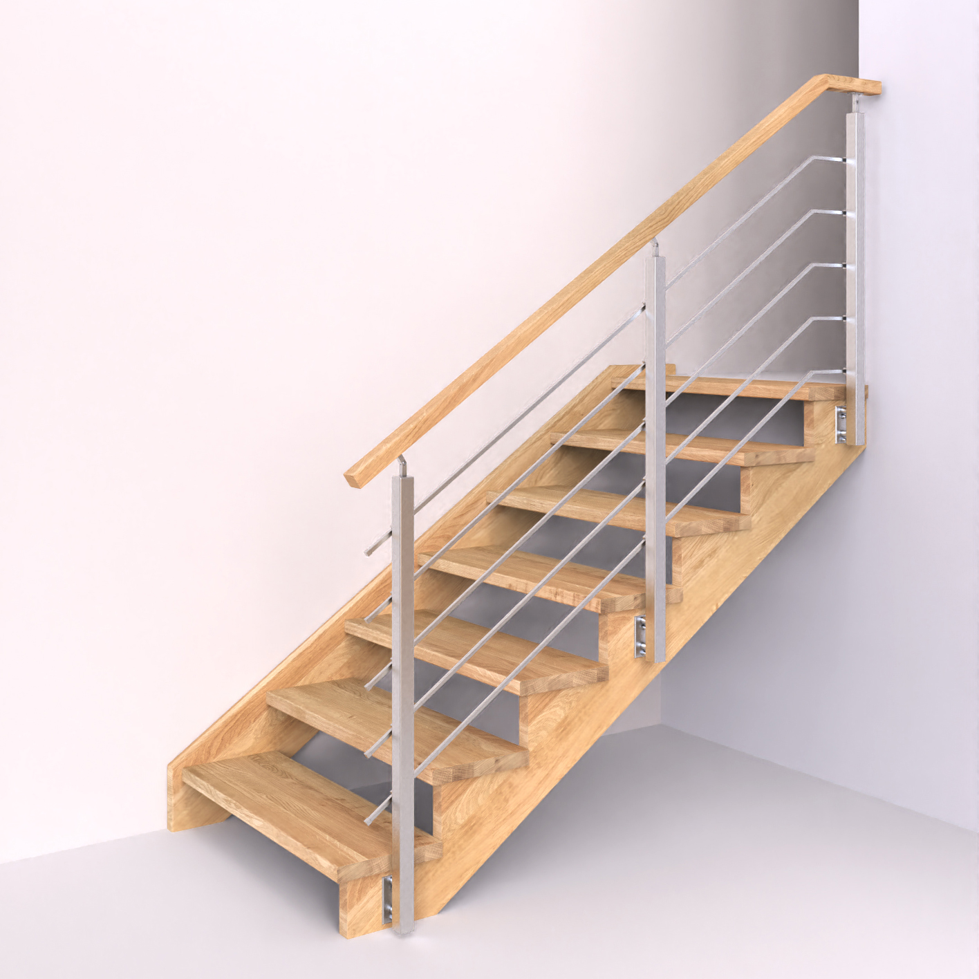 Dřevěné schody s nerez zábradlím, hranaté sloupky s vodorovnou výplní