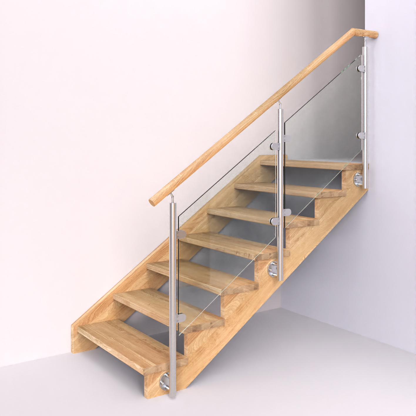 dřevěné schody s nerezovým kulatým zábradlím se skleněnou výplní