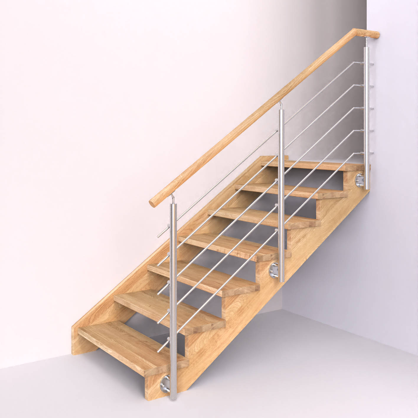 Dřevěné schody s nerezovým zábradlím, kulaté sloupky s vodorovnou výplní