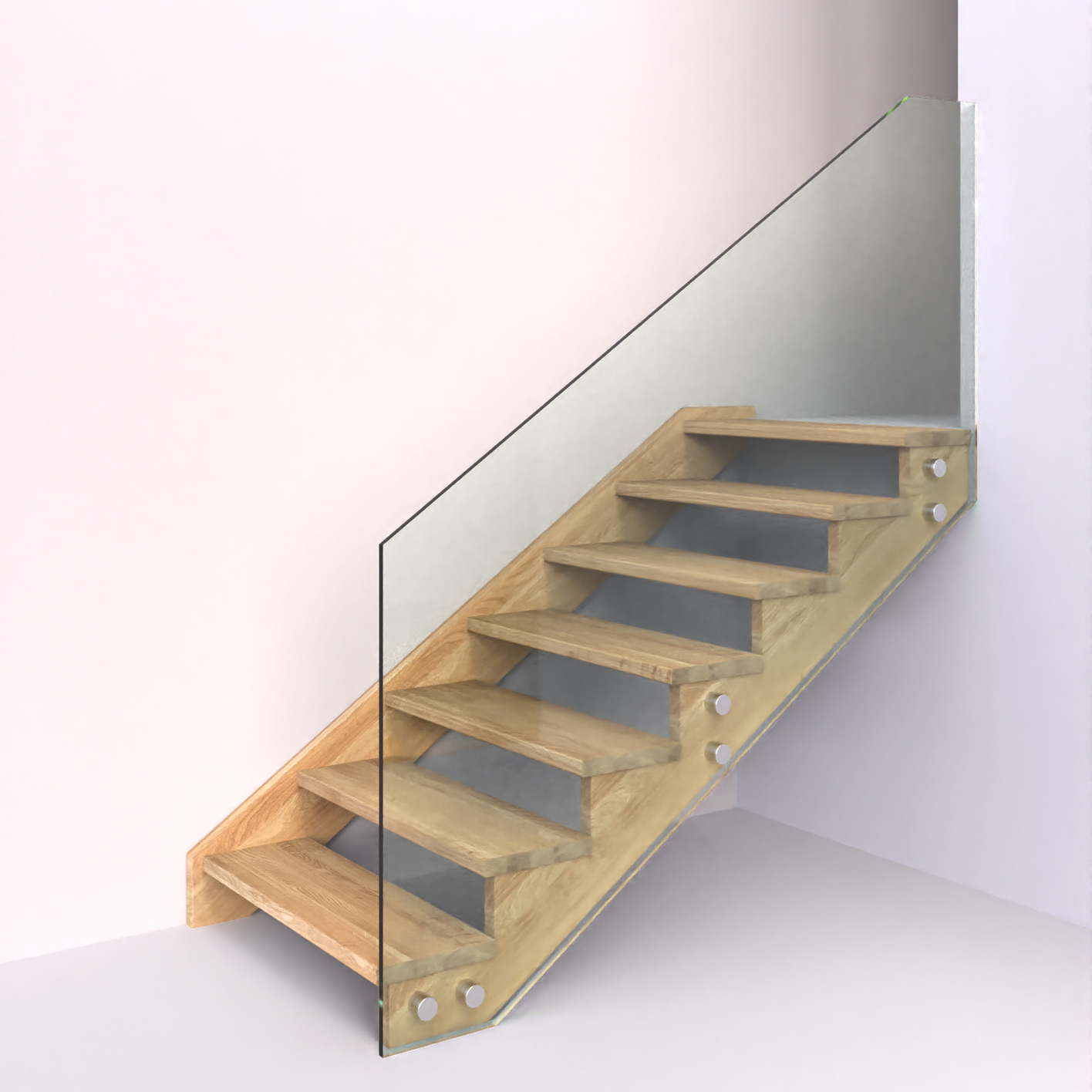 dřevěné schody se celoskleněným zábradlím kotveným na nerezové terče