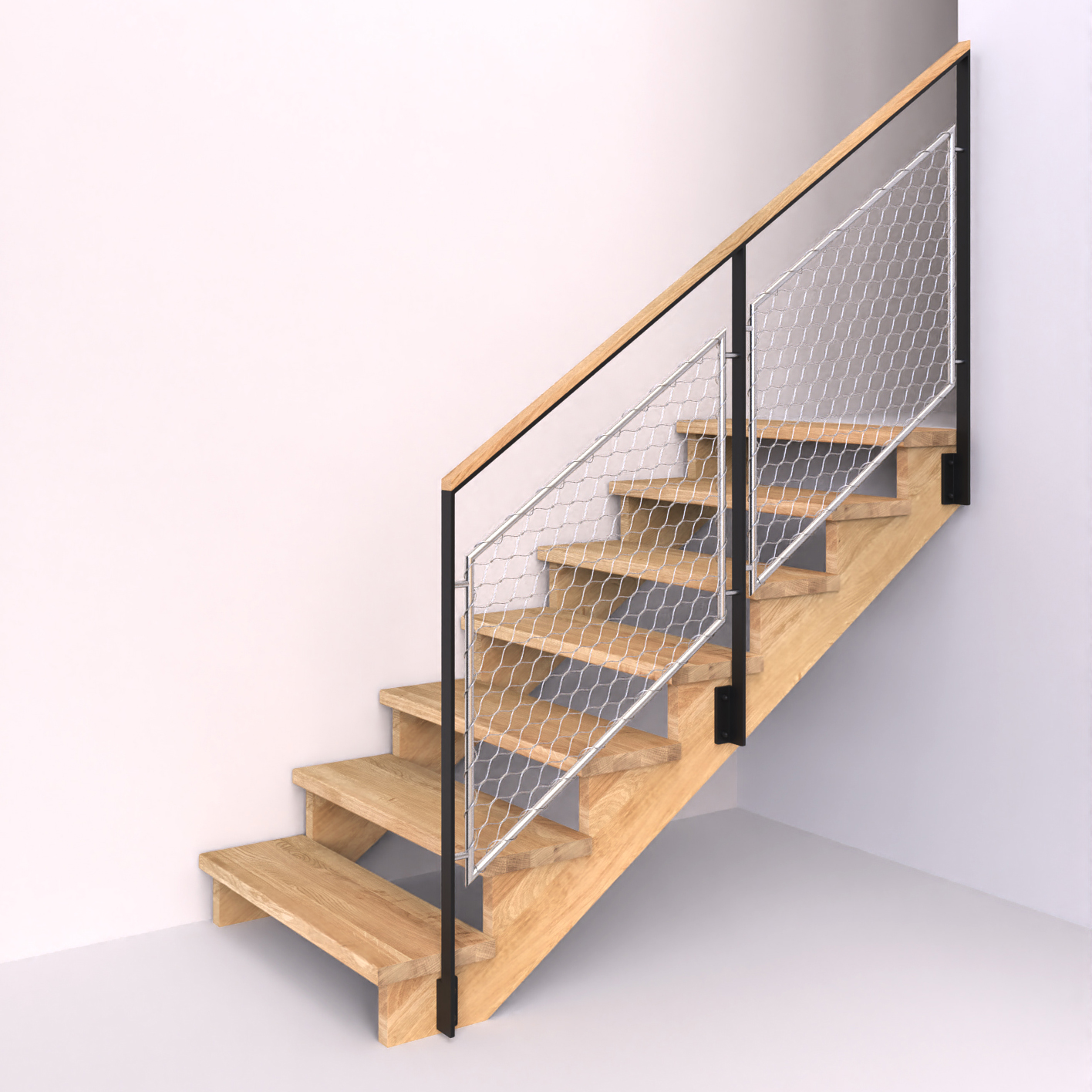 dřevěné schody s ocelovým pásovinovým zábradlím se síťovou výplní