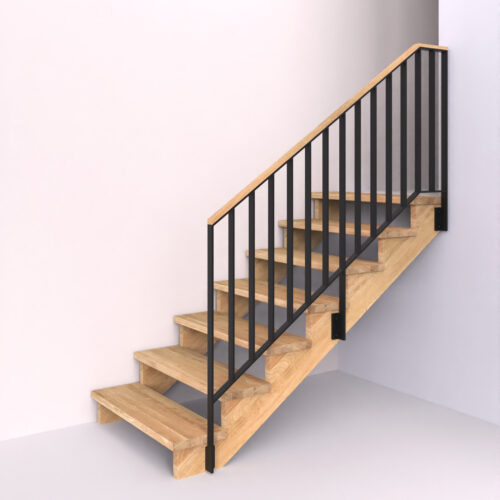 dřevěné schody s ocelovým pásovinovým zábradlím se svislou výplní