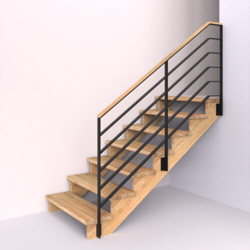 dřevěné schody s ocelovým pásovinovým zábradlím s vodorovnou výplní