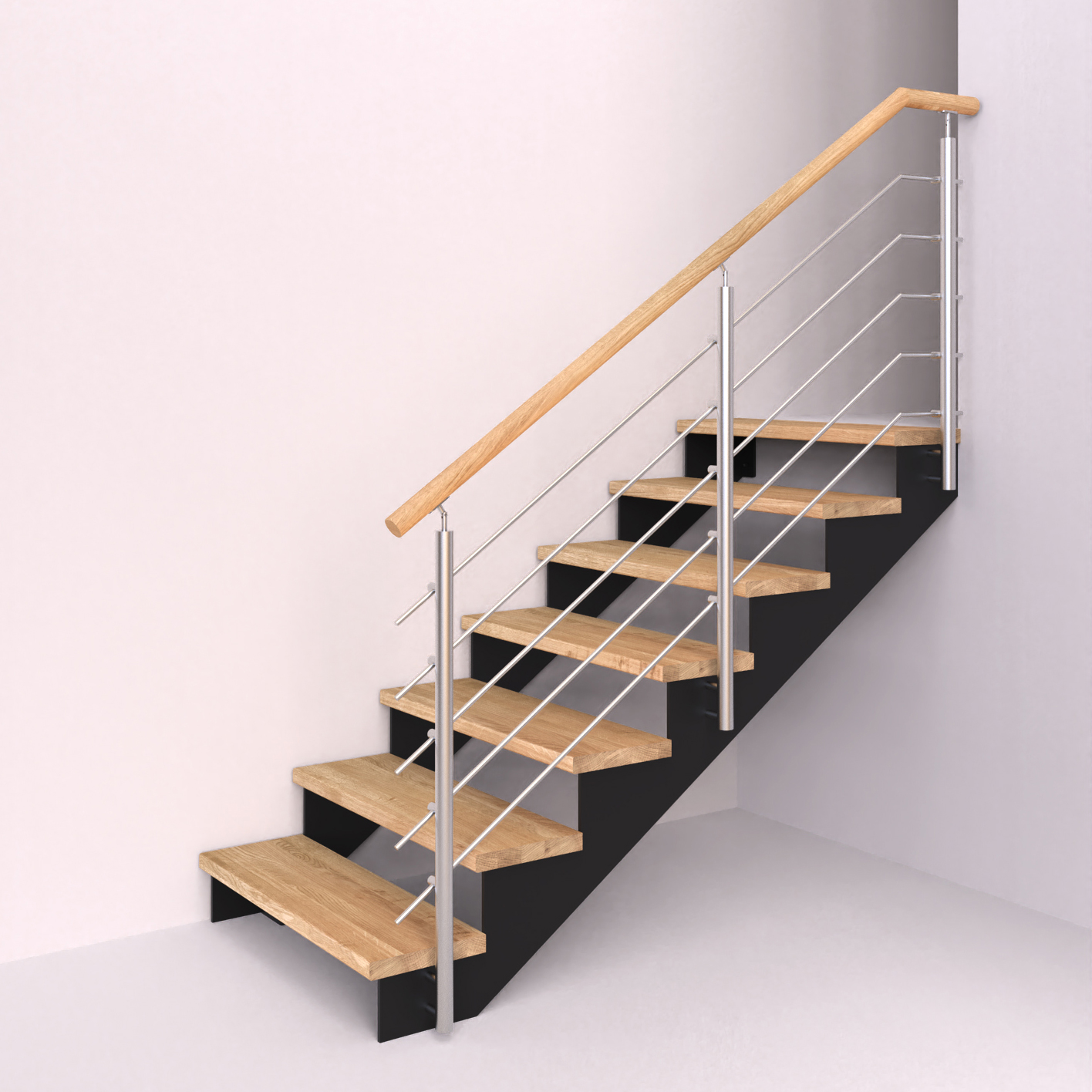 Ocelová schodnice s nerezovým zábradlím, kulatými sloupky s vodorovnou výplní