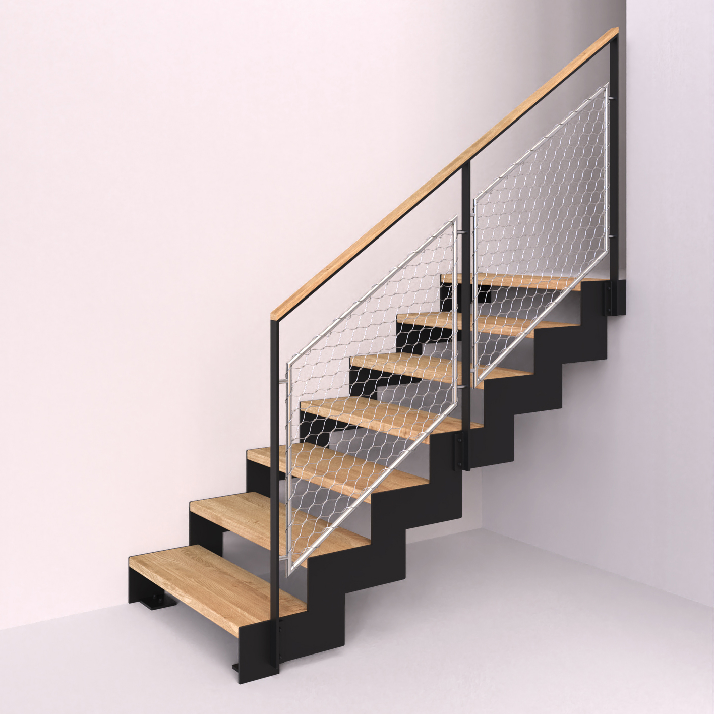 Ocelová schodnice s pásovinovým zábradlím se síťovou výplní