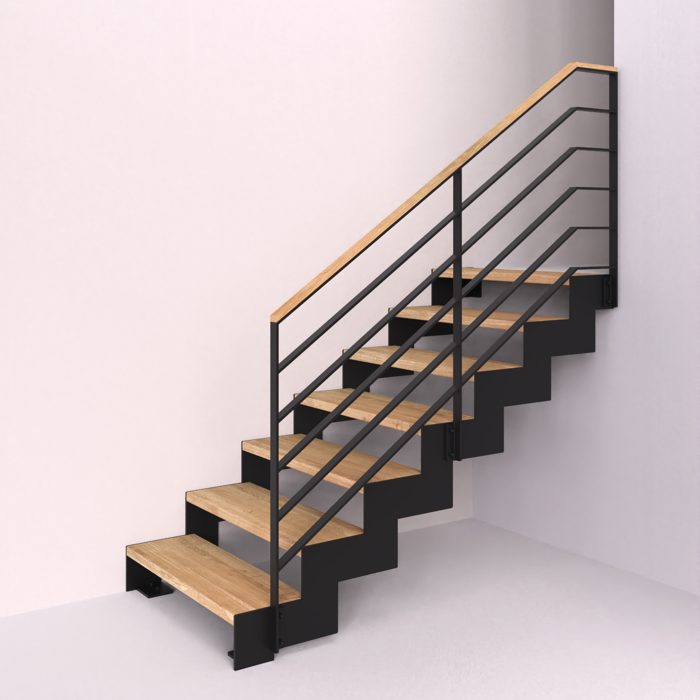 Ocelová schodnice s pásovinovým zábradlím s vodorovnou výplní