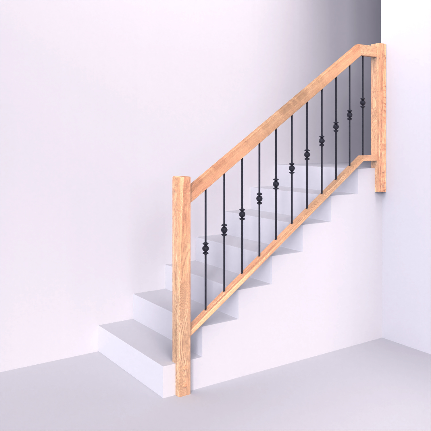 Dřevěné zábradlí s hranatými sloupky se svislou kovanou výplní