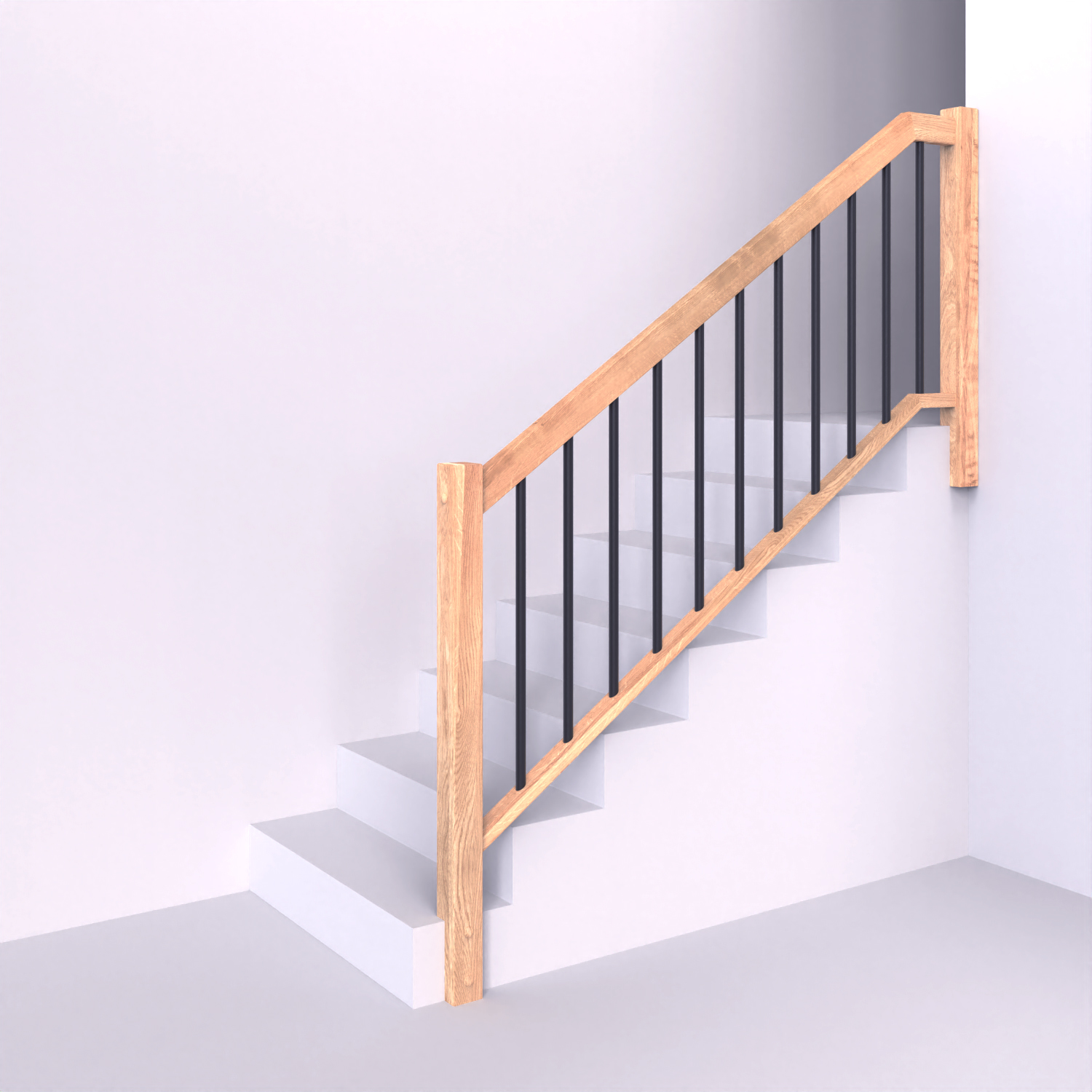 Dřevěné zábradlí s hranatými sloupky se svislou ocelovou kulatou výplní