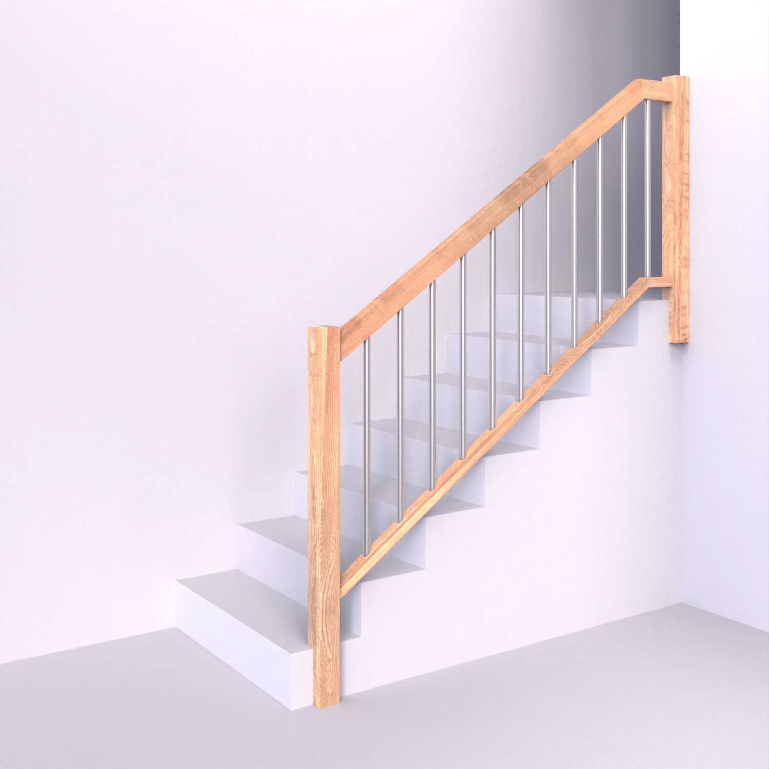 Dřevěné zábradlí s hranatými sloupky se svislou nerezovou kulatou výplní