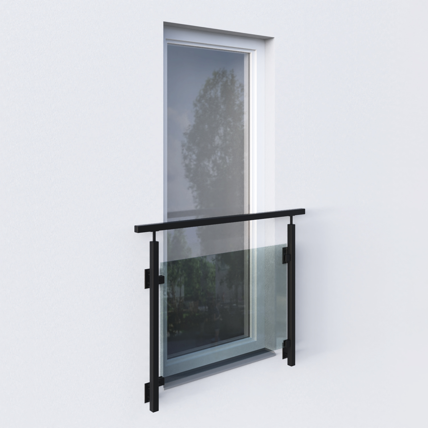 ocelové zábradlí s černými hranatými sloupky se skleněnou výplní