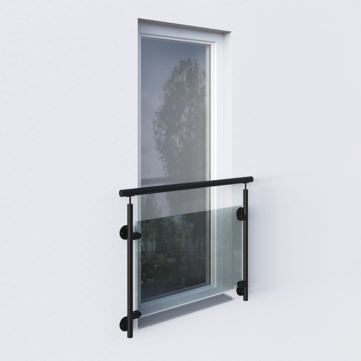 ocelové zábradlí s černými kulatými sloupky se skleněnou výplní