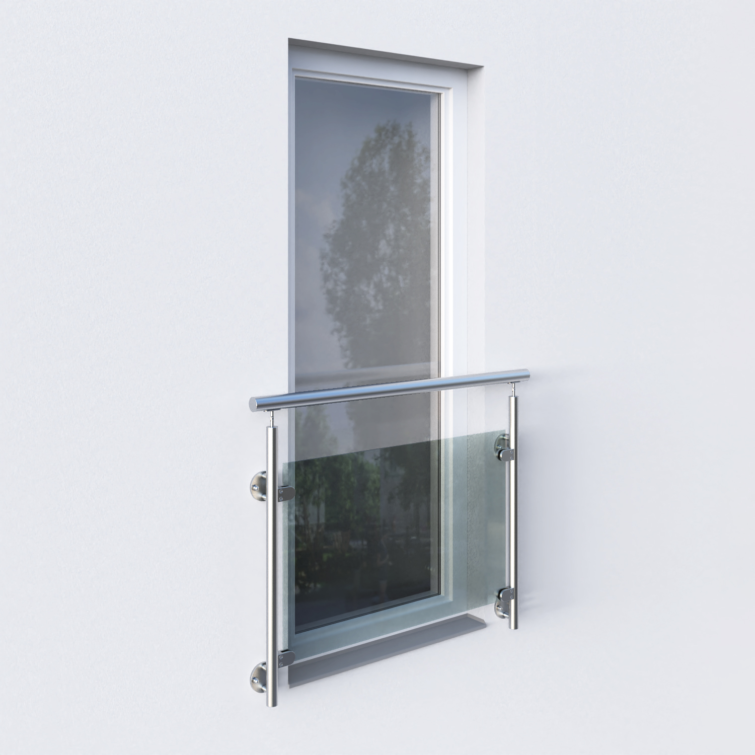 Nerezové zábradlí s kulatými sloupky se skleněnou výplní