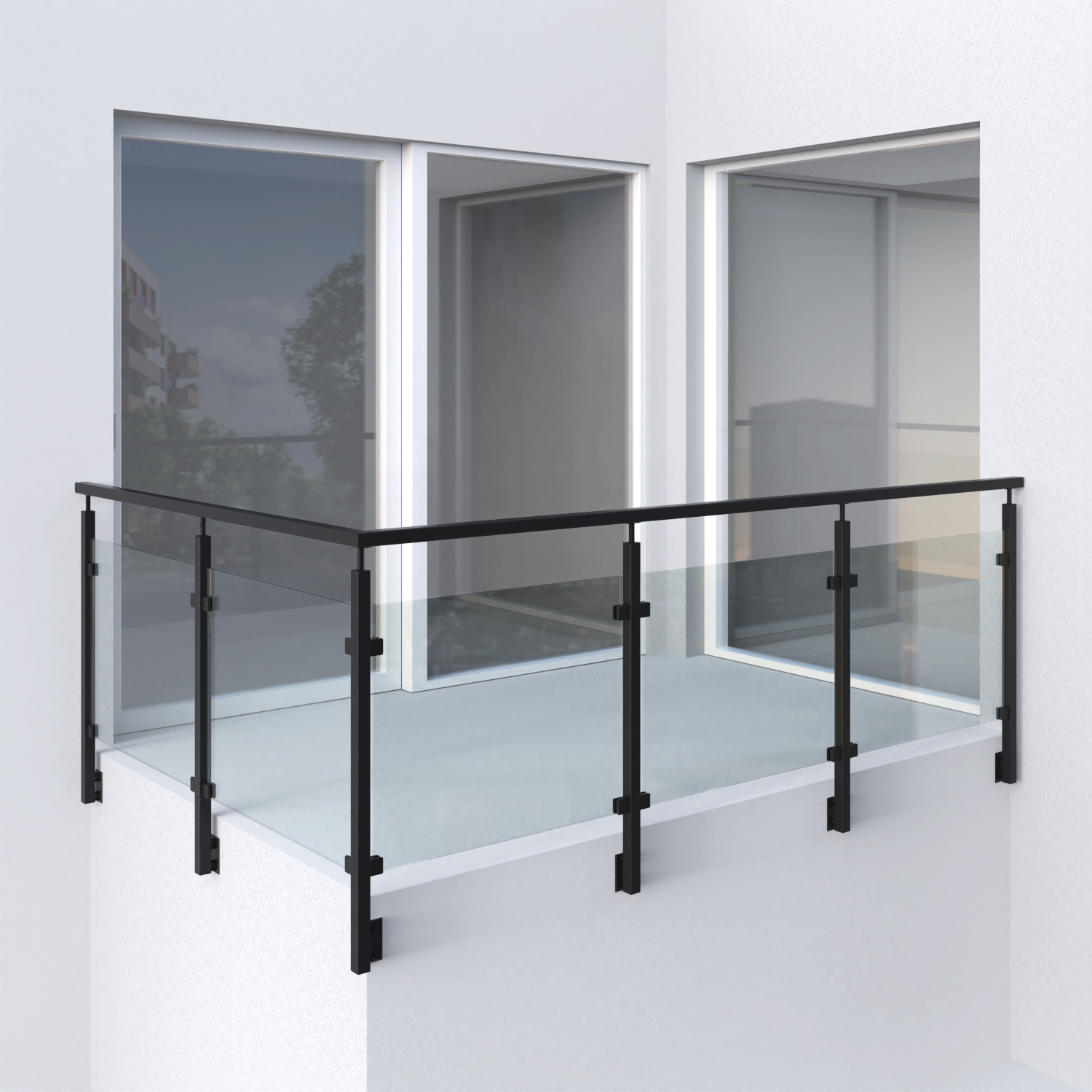 ocelové zábradlí s černými hranatými sloupky se skleněnou výplní