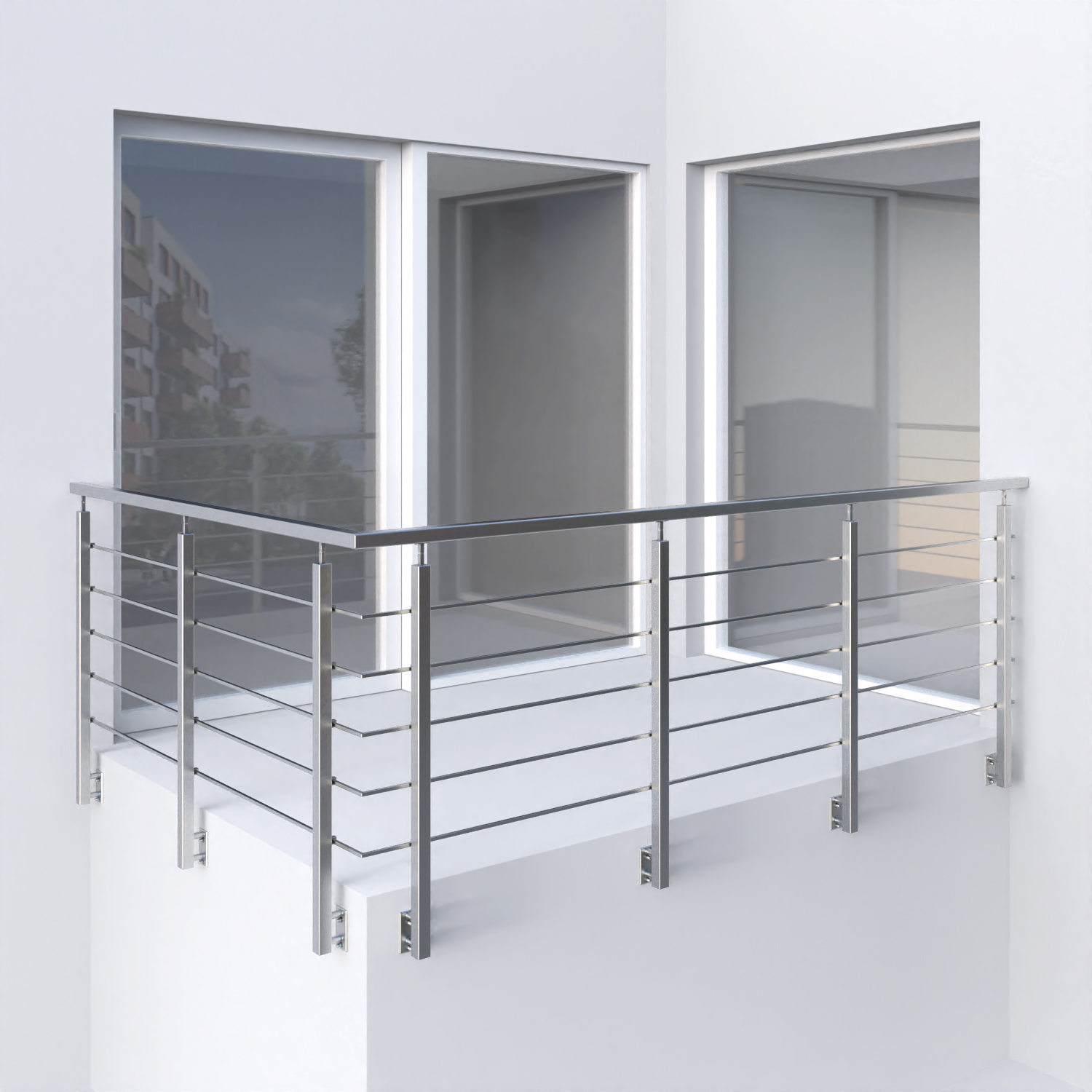 nerezové zábradlí s hranatými sloupky s vodorovnou výplní