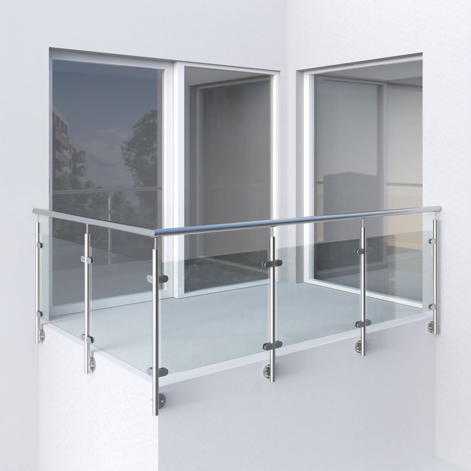 nerezové zábradlí s kulatými sloupky se skleněnou výplní