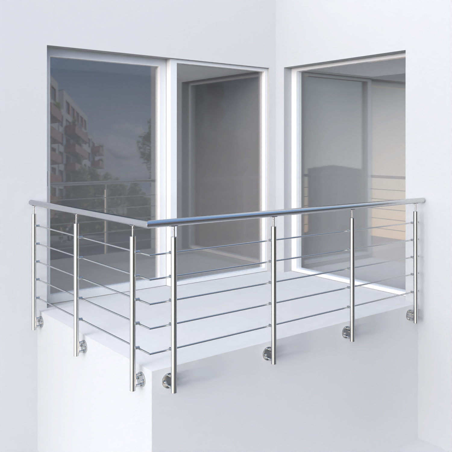 nerezové zábradlí s kulatými sloupky s vodorovnou výplní